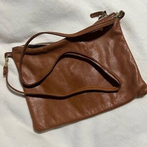 Clare V. Designer Cognac Leather Foldover Clutch w/ Strap